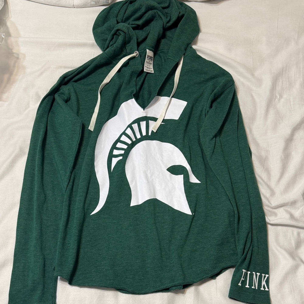 PINK Victoria's Secret Green Hoodie with White Logo